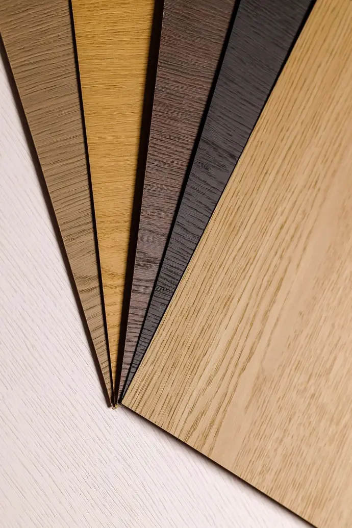 Wood laminate samples in different shades of brown and beige arranged in a fan shape on a light wooden surface